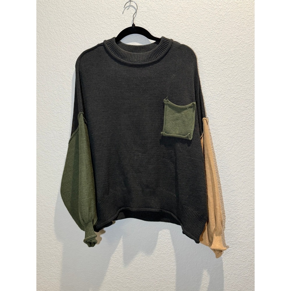 POL‎ Women Sweater Colorblock Black Green Tan Large